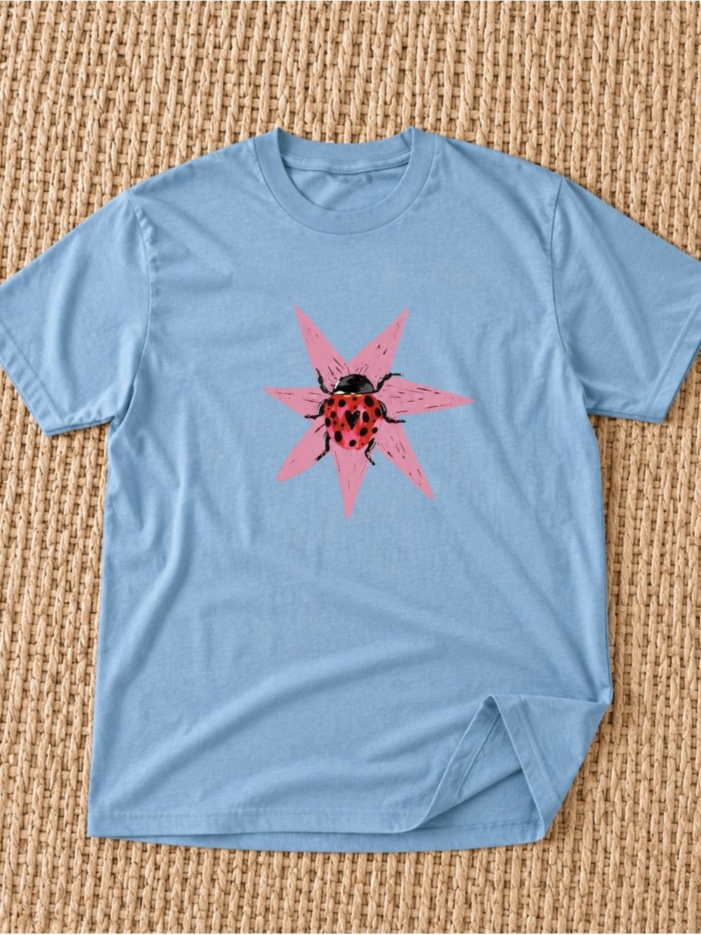 Gildan Light Blue Short Sleeve Tee with Pink Star & Red Ladybug Graphic